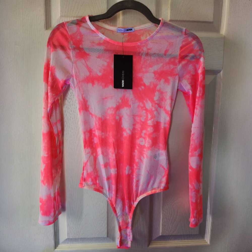 Fashion Nova Pink & White Mesh Tie Dye Bodysuit S